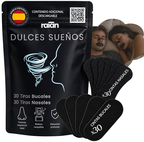 RAIAN Pack Tiras Nasales y Bucales para Dormir PREMIUN, 30 Tiras Nasales + 30 Cintas Bucales Mouth Tape, Ayuda a Respirar Mejor por la Nariz, Boca Cerrada, Reduce Ronquidos, 30 Noches con Guía QR