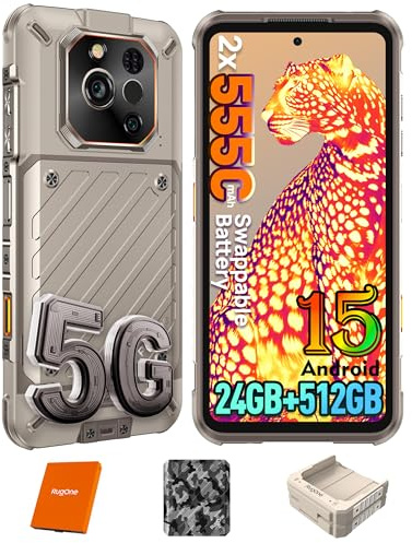RugOne Xever 7 Pro Téléphone Portable Incassable, 24Go+512Go/SD-2To 5G Batterie Remplaçable (2×5550mAh) Android 15 Smartphone Vision Nocturne 64MP+Caméra Thermique, 6,67 120Hz AMOLED, E-SIM Sand Dune