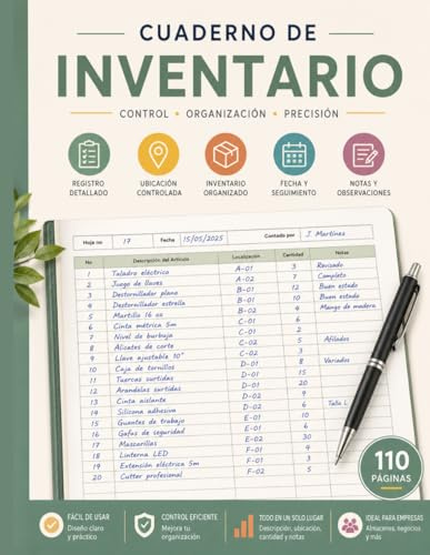 Cuaderno de Inventario: Registro Profesional de Inventario para Control de Artículos, Existencias, Ubicación, Cantidades, Fechas y Observaciones en Empresas, Almacenes y Negocios