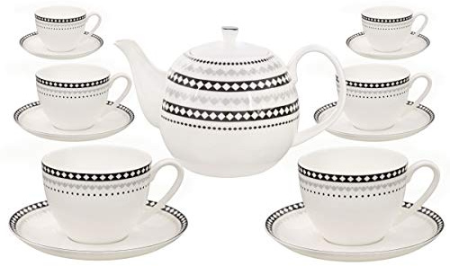 Buchensee Kaffeeservice aus Fine Bone China Porzellan. Tee- / Kaffeekanne 1,5l mit stilvollem Rautendekor, 6 Kaffeetassen und 6 Unterteller.