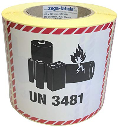 Gefahrgutetiketten auf Rolle - UN 3481 - Lithium-Ionen-Batterien - ohne Telefonnummer/zum selbstbedrucken - 250 Stück je Rolle - 120 x 110 mm - Haftpapier - Kern 76 mm für Industriedrucker