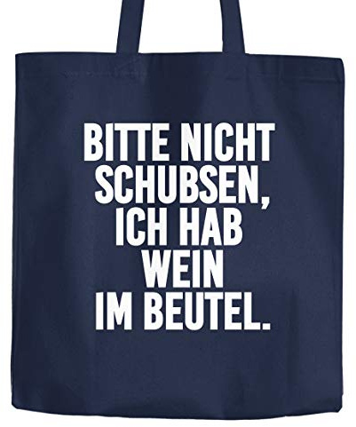 MoonWorks Jutebeutel Bitte nicht schubsen ich habe Wein im Beutel Baumwolltasche Stoffbeutel Tragetasche navy 2 lange Henkel
