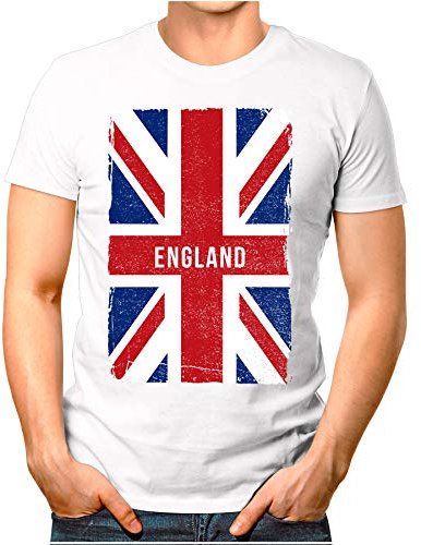 OM3® - England-flagga vintage – herr t-shirt | Storbritannien flagga fotboll fotboll fanshirt sport tröja | S – 4XL, Vit, XL