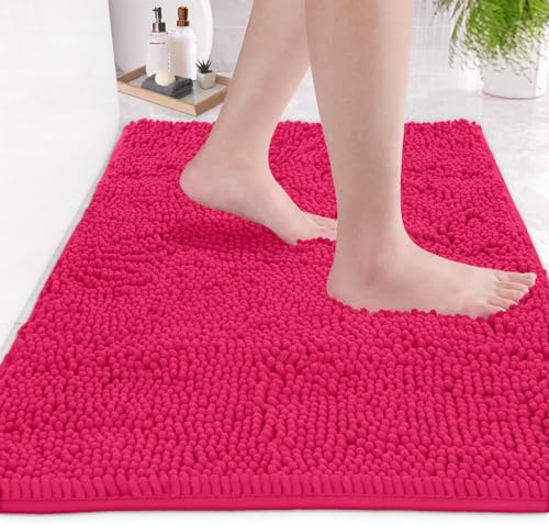 LuxUrux Tapis De Bain-Tapis De Salle De Bain Douche en Peluche Extra-Doux, Matériau en Microfibre Chenille 1 ``, Tapis De Bain Shaggy Super Absorbant |Rose Vif|20 X 30