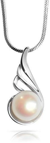 Pearls of Eden PoE - Silberkette Damen 925 mit Anhänger geschwungen mit echter Perle 8 mm - inklusive Schmuckbox - Brautschmuck, Perle weiß