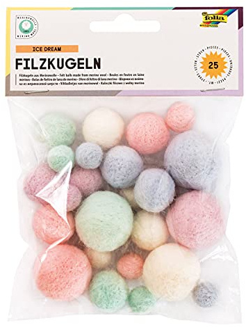 folia 5282 - Filzkugeln Ice Dream, 25 Kugeln aus 100 % Merinowolle, sortiert in 5 verschiedenen Farben und 3 Größen, ideal für Mobiles, Girlanden, uvm, Bunt