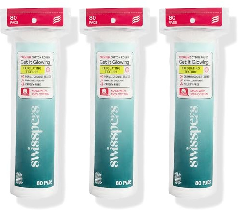 Swisspers Rondas de algodón exfoliante de alta calidad, 80 unidades (paquete de 3), 100% algodón puro, almohadillas de superficie de doble cara para una exfoliación suave, limpieza óptima y