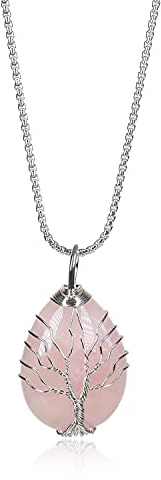 COAI Collana da Donna in Acciaio Inox con Ciondolo Goccia in Quarzo Rosa Ricamato con Motivo Albero della Vita