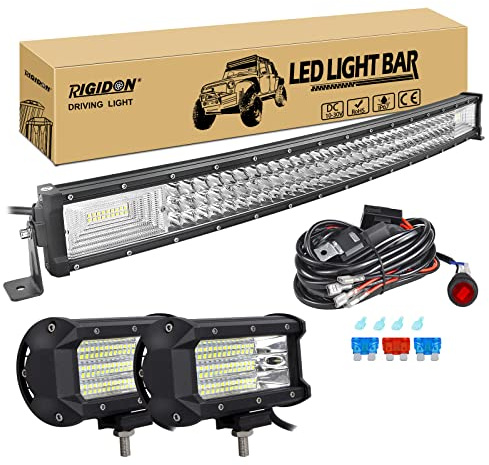 RIGIDON 32 Zoll 80cm 405W Gebogene led lichtleiste mit 12v kabelbaum kit | 2x 5 zoll led pods, 6000K, wasserdichte, offroad beleuchtung, lightbar, arbeitsscheinwerfer, für auto KFZ ATV LKW fahrzeuge