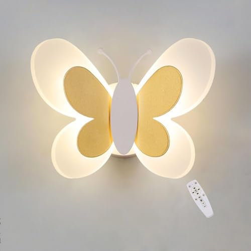 Gold Schmetterling Wandleuchte mit Fernbedienung 15W LED Wandlampe Dimmbar Innen Nachttischlampe Kinderlampe Modern Deko Wandbeleuchtung Schlafzimmerlampe Wandstrahler für Kinderzimmer Wohnzimmer Flur