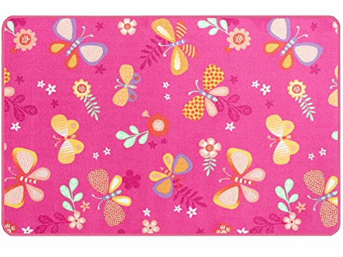 Primaflor Kinderteppich - Papillon, Pink, 140x200cm, Robuster Spielteppich mit Schmetterlingen, Hochwertiger Teppich für das Kinderzimmer, Spielmatte Jungen/Mädchen