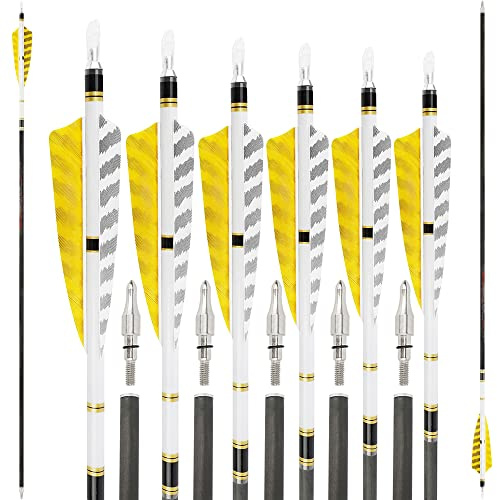 SHARROW 6/12P 100% Reines Carbon Pfeile 32 Zoll Pfeile für Bogenschießen Spine 250-600 Zielbogenschießen Jagdpfeile mit 4 Zoll Natürlich Federn Pfeile für Recurvebogen Compoundbogen