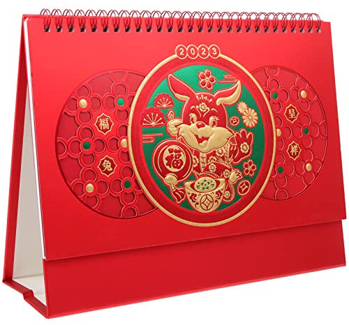 ZORILO Schreibtischkalender 2023 GeschenkChinesischer Stil Schreibtischkalender 2023 Jahreskalender Verzierung Multifunktions-Tischkalender Dekor (Farbe: Rot 3)