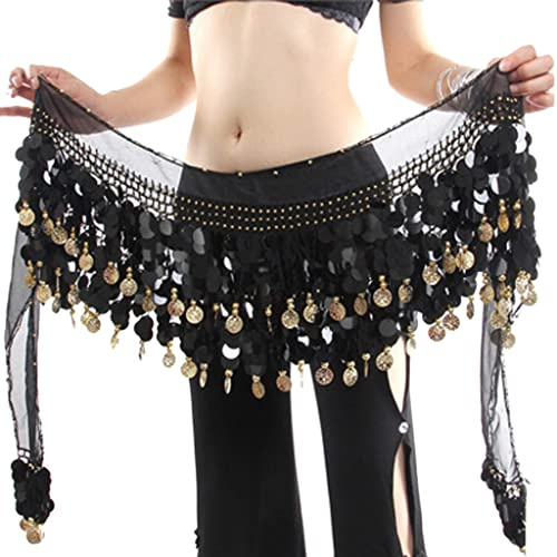 Wuchieal Women's Belly Dance Hip Scarf, Sweet Belly Dance Skirt Wrap Performance Bling Sequins Coins, Belly Dance Costume (One Size, Black with Black Coins)