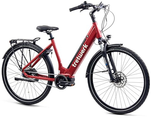 TRETWERK 28 Zoll E-Bike - City Bike - Amber Nexus - Pedelec Damen Fahrrad 7 Gang Nabenschaltung - Elektrofahrrad Mittelmotor- rot 50cm