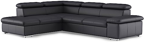 CAVADORE Echtleder-Schlafcouch Valerie mit Ottomane / Ecksofa mit Bettfunktion + Kopfteilverstellung / 272 x 73 x 226 / Leder Schwarz