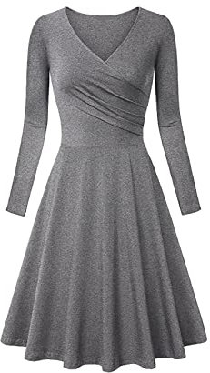 AMDOLE Freizeitkleid für Damen, Blumendruck, Outdoor, Zuhause, langärmelig, schmales T-Shirt-Kleid, Swing-Kleid, einfarbig, gerüscht, V-Ausschnitt, Minikleid, Kongo-Kleid, grau, XL