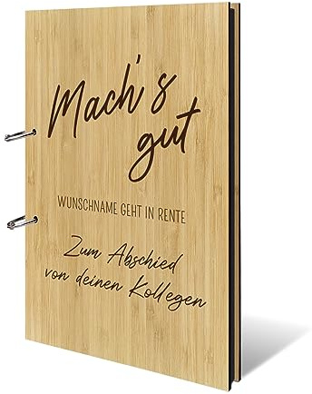 Personalisiertes Abschied Fotoalbum echtes Holz DIN A4 Rente Erinnerungsbuch mit Lasergravur - Machs Gut - mit 25 Blatt / 50 Seiten Fotokarton Schwarz