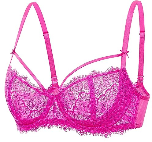 DOBREVA Dam Balconette Sexig Ofodrad BH spets Push Up Plus Size BH genomskinlig bygel, Strappy_bright fuchsia, 85E
