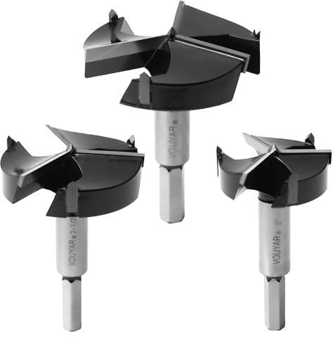 Vouyar Juego de 3 brocas Forstner grandes de 2 pulgadas, 2-1/2 pulgadas, 3 pulgadas con punta de carburo de triple flauta para madera dura, madera blanda, madera contrachapada chapada, plástico,