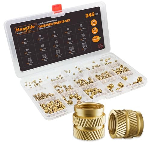 HANGLIFE Gewindeeinsatz, M2 M2.5 M3 M4 M5 M6 Sortimentsbox (345 Stück) Einpressmuttern für 3D Druck - Messing Metrische Einschmelzgewinde Gewindehülse - Threaded Inserts für 3D Druck Kunststoffteile