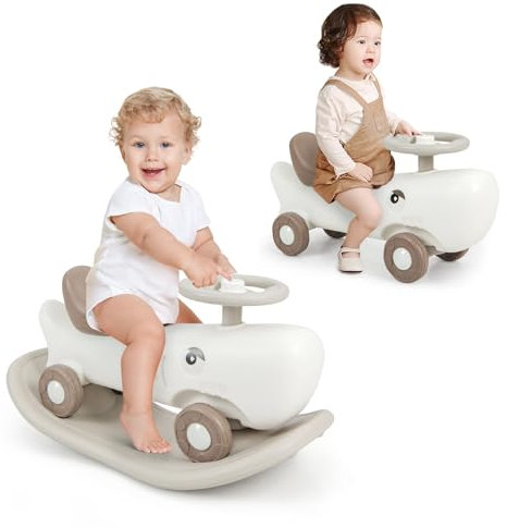 GOPLUS Kinder Schaukelpferd, 3 in 1 Schaukeltier & Balance Board & Rutschauto, Schaukel Baby mit Rädern & Lenkrad & rutschfesten Eva-Streifen, Schaukelpferd ab 1 Jahr(Weiß)