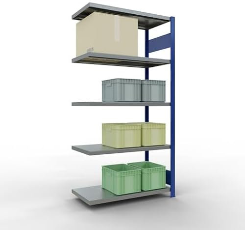 qpool24 Anbauregal, Fachbodenregal Stecksystem MULTIplus330, 2000 x 1000 x 500 mm (HxBxT), 5 Fachböden, Längenriegel, RAL 5010 enzianblau/verzinkt