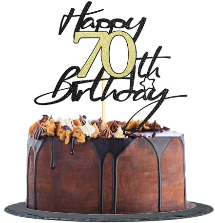 Sotpot 1 Pack 70th Birthday Cake Topper Black Gold Glitter Cake Pick for 70th Milestone Birthday Theme Party Supplies