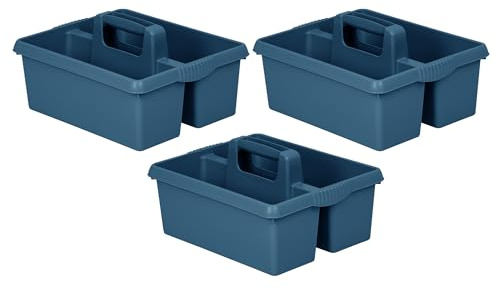 3 X Heavy Duty Large Plastic Handy Kitchen Tool Cleaning Tool Box with Handle Utility Storage Tidy Organiser Tote Tray Two Compartment Cleaners Carry Caddy Multipurpose Cleaning Tools - Navy Blue
