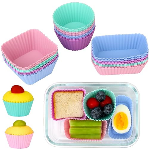 24 pcs Silicone Cupcake Baking Cups Manjonzic Reusable Cupcake Liners Non-Stick Baking Muffin Liners Mold Pastry Cake Molds 3 Shapes Multicolor for Lunch Box Dividers
