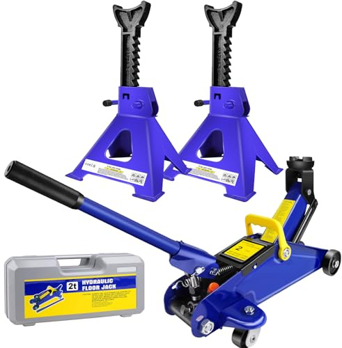 Floor Jack and Stand Combo - Low Profile Hydraulic Trolley Service/Floor Jack Combo with 2 Ratchet Jack Stands, Heavy Duty Floor Jack for Car Van Caravan, with Single Piston Quick Lift Pump, Blue