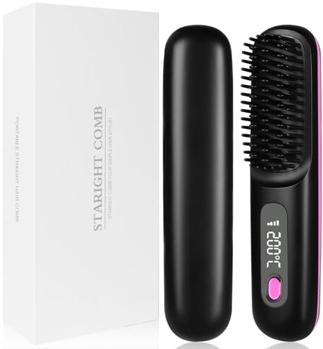 LOPHE Negative Ion Hair Straightening Brush, Hair Straightener Comb with 3 Temperature Modes & LED Screen, Anti-Scalding 20s Heat, Rechargeable Ceramic HairBrush for Smooth Frizz Free Hair, A, Black