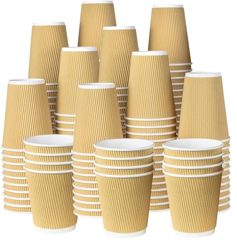 ECONX 500 X 12oz Takeaway Coffee Cups - Strong 3-PLY Disposable Kraft Paper Cups - Triple Walled Leak-Proof, Recyclable Insulated Brown Ripple Drinking Cups for Hot Drinks Coffee, Tea, Beverages