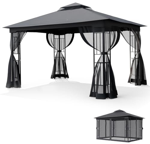 The Fellie 3M x 4M Gazebos with Double Tiered Roof, Large Outdoor Garden Gazebo with Mosquito Netting, Heavy Duty Metal Gazebos for Garden, Patio, Party, Camping, Waterproof, Dark Grey