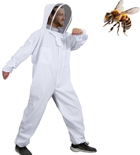 Moontay Combinaison d'Apiculture pour Tout le Corps Vêtements à Capuchon avec Voile Manteau de Protection pour Apiculteurs Costume Apicole en Coton avec Chaperon Anti Guêpes Équipement (XXXL)