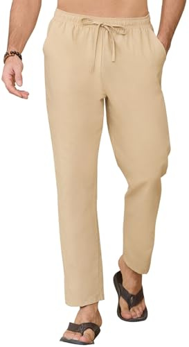 CheChury Pantalon Homme en Lin et Coton Ete Pantalon Decontracte avec Poches Cordon Pantalon Ample Yoga Pants Casual Pantalon de Plage Léger Respirant Pantalon d'Été Long Pantalon Homme Sport
