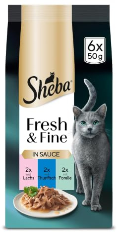 SHEBA Portionsbeutel Katzennassfutter Multipack Fresh & Fine in Sauce mit Lachs und Thunfisch MSC, 6x6x50g - Premium Katzenfutter in Sauce mit Lachs und Thunfisch