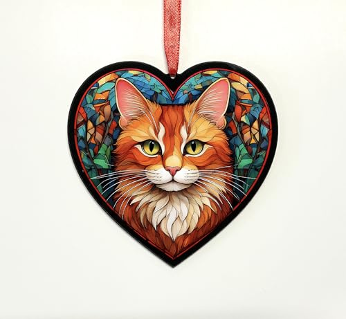 Ginger Cat Heart Suncatcher - Memorial or Gift for Cat Lovers - 13cm