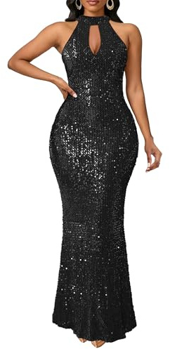 VERWIN Robe Sans Manches à Col Halter Brillante Pour Femme - Robe De Cocktail De Soirée De Fête Décontractée - Robe De Sirène Moulante À Paillettes Maxi, noir, XX-Large