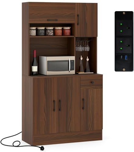 TANGZON Tall Kitchen Cupboard, Wooden Storage Cabinet with Power Outlets, Glass Holders, Adjustable Shelves, Countertop, Drawer & Anti-tipping Kit, Freestanding Dining Living Room Sideboard (Walnut)