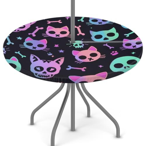 Woltant Nappe ronde avec trou de parasol et fermeture éclair facile à nettoyer avec bords élastiques - Protection de table d'extérieur pour jardin, terrasse, barbecue - Motif crânes et os fluo