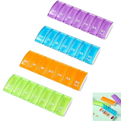4 Stück Tablettenbox Wiederverwendbar Tabletten Organizer 7 Tage Pillendose Große Fächer Medikamentendosierer Medikamentenbox Tablettendose Tablettenteiler