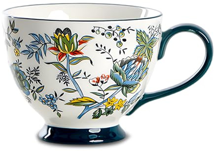 Keramik Tasse mit Handbemalt Blumenmuster, Groß Farbige Kaffeetasse 450ml, Porzellan Tasse Kaffee Becher für Capuccino, Milch, Kaffee, Tee, Süßes Geschenk (D)