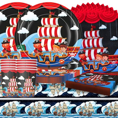 SANYUANHE 61 Piezas Vajilla Para Fiestas Cumpleaños Temático Pirata，Kit Pirata Infantil,Decoración Marinera Cumpleaños,Pirata Para Sorprender,Papel Vasos Servilletas Manteles