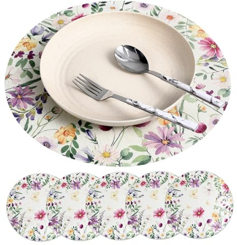 GALPADA Tovagliette Rotonde in Lino Motivo Floreale, Confezione Da 6 Pezzi, Lavabili e Resistenti, Per Tavoli Da Pranzo Familiari e Decorazioni Primaverili