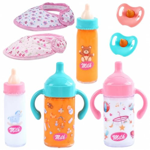 Doll Accessories, Magic Milk Bottles, 8 Pcs Magic Bottles Set for Girls, Dollhouse for Kids with 2 Dummy, 4 Magi Milk Bottle, 2 Bib, Realistic Role Play