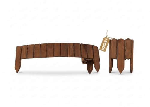 BOGATECO Recinzione per aiuole in legno, 1 pezzo, 10 cm di altezza e 112 cm di lunghezza, recinzione in legno, perfetta come bordo per aiuole o percorsi, colore marrone