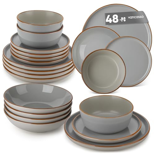 vancasso Reno Stoneware Dinner Set for 12, 48 Pieces Plates and Bowls Set with Dinner Plates, Dessert Plates, Cereal Bowls & Soup Bowls, Grey Speckled Crockery Set, Chip & Scratch Resistant