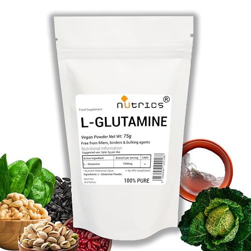 Nutrics 75g L GLUTAMIN Pulver 100% rein - Frei von Füllstoffen Bindemitteln & Füllstoffen - Vegan Vegeatarian - L-GLUTAMINE Supplement (75g)