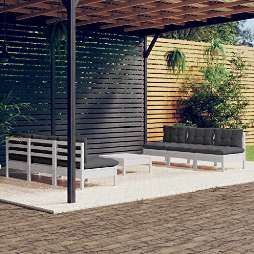 Mokuyary 7-TLG. Trädgårdsloungeset med antracitfärgade kuddar i furu, trädgårdsmöbelset, utomhus balkongset, terrassmöbler, trädgårdslounge sittgrupp för terrass, balkong, trädgård – A